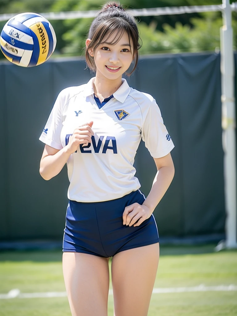 Glossy thighs、(8K、top-quality、masterpiece:1.2)、(realisitic、Photorealsitic:1.37)、ultra-detailliert、top-quality、超A high resolution、professionally lit、Photon mapping、Radio City、physically-based renderingt、Cinematic lighting、depth of fields,Focusing,Sun'rays,Good composition,,(((1 girl of 12 years))),Double eyes、(((white Volleyball uniform 、Dark blue high-leg low-rise bloomers)))、Gymnasium、A big smile、Gymnasium Court, (Tween model, 12 year old girl, young)), Ethereal beautiful, slim, very beautiful short hair,Colossal tits、 Toned abs, short cut hair、Soft light, ((David Hamilton Style)),