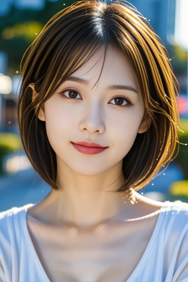 (masterpiece:1.3), (8K, Photoreal, Raw photo, best image quality: 1.4), Japanese high school girl、(random hairstyle:1.2)、cleavage:1.2、super detail face、eye for details、double eyelid、chest to chest、sharp focus:1.2、Beautiful woman:1.4、light brown hair、highest quality、masterpiece、Super high resolution、(Photoreal:1.4)、Highly detailed and professionally lit smiles、white shirt with open chest、shoulder out、thin、serious expression、short haired、deadly position、whole body