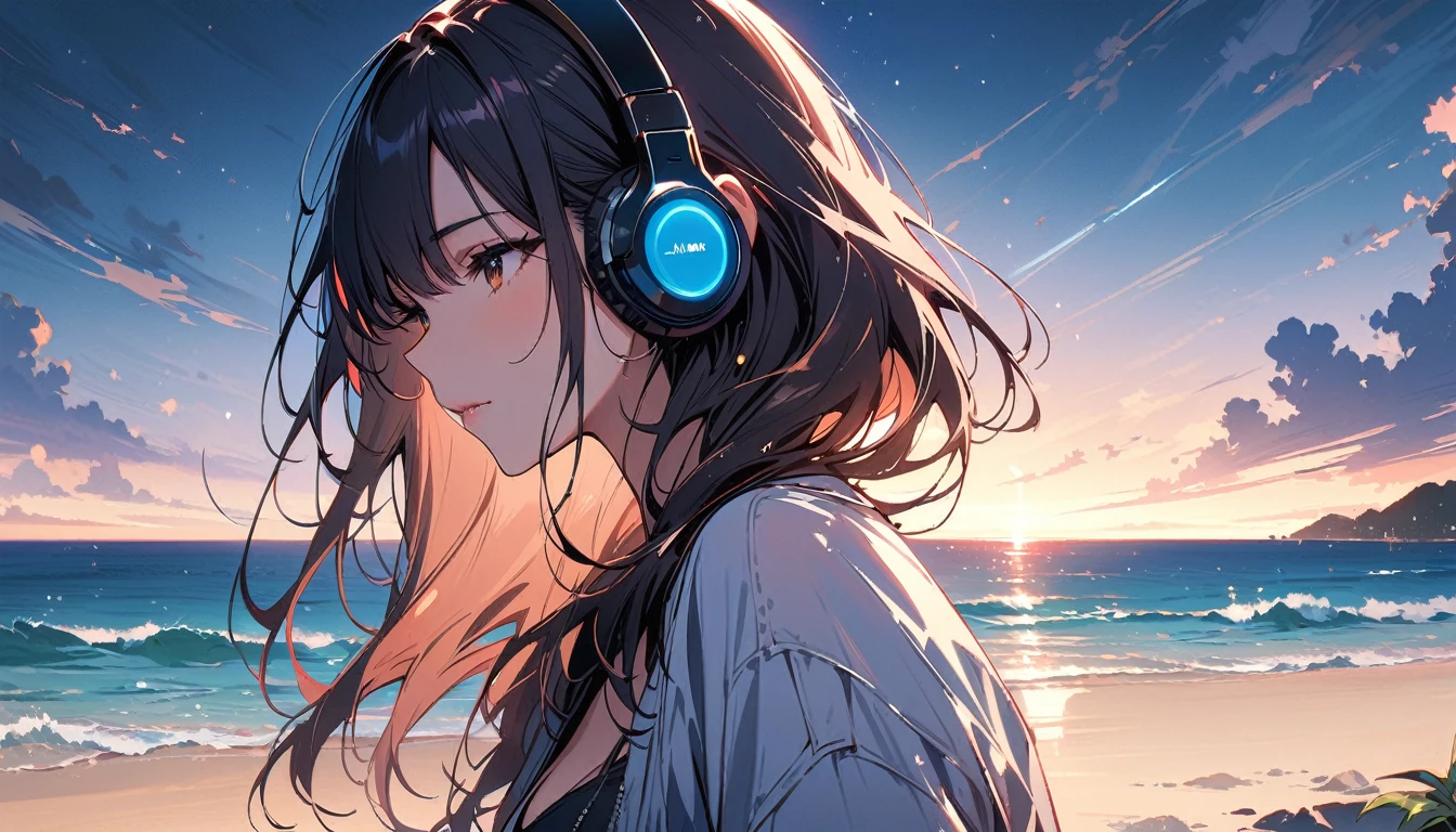 (masterpiece, Highest quality:1.2), 1 Girl, alone,Eyes open,Listening to music,Tropical atmosphere,Ocean
