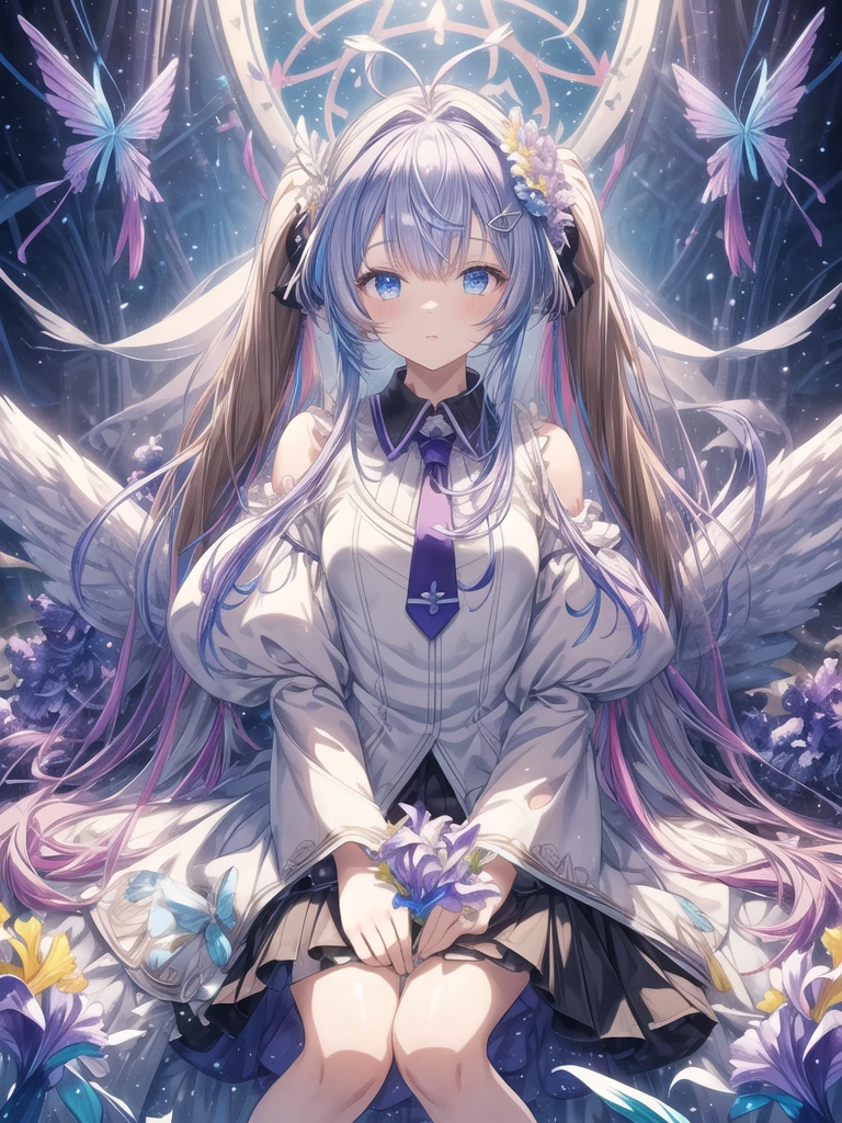 pretty, anime, pastel, neon, vtuber-fullbody vtuber-halfbody, kawaii Masterpiece, young woman, sitting down, parted lips, black eyes, fluffy curly hair, bangs, ahoge, light brown hair, rosy cheeks, short sleeve, black and purple dress, puffy sleeves, black gloves, purple ribbons, ((faded iris)), myceliumtech, scifi, Mycelia, spongy, PsychedelicMasterpiece, ((Faded iris)), flowers, smile, water effect, ahoge, looking up, upper view, yuki miku, very long blue hair, twintails, hair ornament, blue eyes, kawaii looking upupper viewhair ornament(masterpiece:1.2), (hires:1.2), (better hands:1.2), beautiful hands, perfect anatomy, holding star, 1boy, antenna hair, choker, white jacket, shoulder-belt, collared shirt, ear piercing, chain earrings, gradient, stars hair ornament, male focus, multicolored hair, purple hair, yellow strands, yellow necktie, (eye1 purple, eye2 yellow, heterochromia), starlight, starMasterpiece, young girl, white hair, fluffy hair, ahoge, medium length hair, bird feathers, sky, jungle, feather ears, white bird wings, vibrant colors, flowers, flower crown, leaves, white silk dress, detailed sleeves, strewn plants, hair over eyes, butterfly style, more_details:-1, more_details:0, more_details:0.5, more_details:1, more_details:1.5, (((ultra detailed))), softcore, kawaii,
