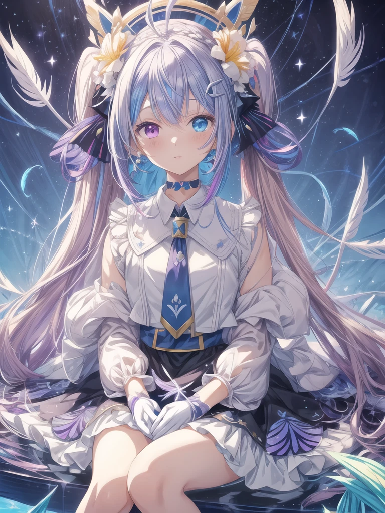 pretty, anime, pastel, neon, vtuber-fullbody vtuber-halfbody, kawaii Masterpiece, young woman, sitting down, parted lips, black eyes, fluffy curly hair, bangs, ahoge, light brown hair, rosy cheeks, short sleeve, black and purple dress, y sleeves, black gloves, purple ribbons, ((faded iris)), myceliumtech, scifi, Mycelia, spongy, PsychedelicMasterpiece, ((Faded iris)), flowers, smile, water effect, ahoge, looking up, upper view, yuki miku, very long blue hair, twintails, hair ornament, blue eyes, kawaii looking upupper viewhair ornament(masterpiece:1.2), (hires:1.2), (better hands:1.2), beautiful hands, perfect anatomy, holding star, 1boy, antenna hair, choker, white jacket, shoulder-belt, collared shirt, ear piercing, chain earrings, gradient, stars hair ornament, male focus, multicolored hair, purple hair, yellow strands, yellow necktie, (eye1 purple, eye2 yellow, heterochromia), starlight, starMasterpiece, young girl, white hair, fluffy hair, ahoge, medium length hair, bird feathers, sky, jungle, feather ears, white bird wings, vibrant colors, flowers, flower crown, leaves, white silk dress, detailed sleeves, strewn plants, hair over eyes, butty style, more_details:-1, more_details:0, more_details:0.5, more_details:1, more_details:1.5, (((ultra detailed))), softcore, kawaii,
