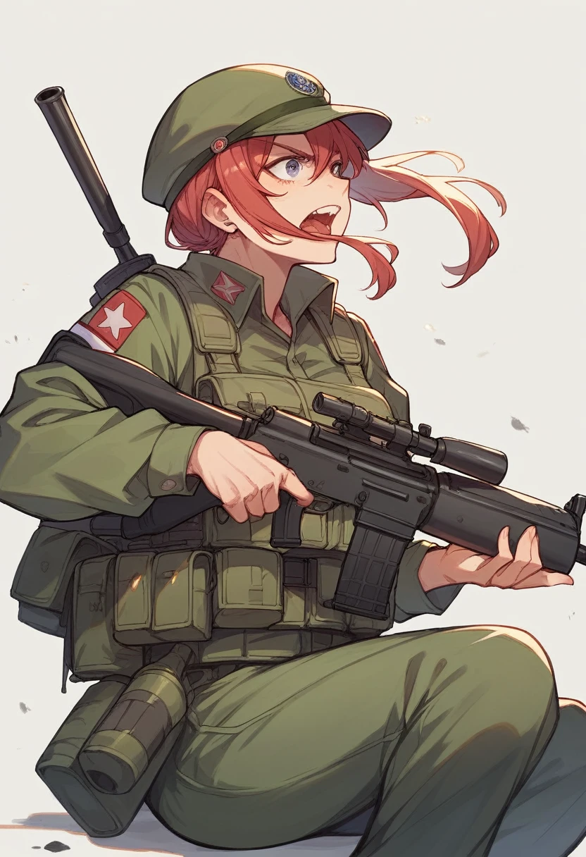 A platoon of girls from an infantry regiment wearing bright red military uniforms、A girl platoon leader equipped with an anti-material rifle and a handgun、A girl soldier equipped with an assault rifle and a rocket launcher、Infantry fighting vehicle、Omaha Beach