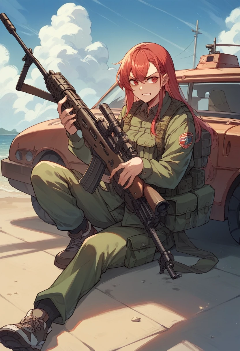 A platoon of girls from an ry regiment wearing bright red military uniforms、A girl platoon leader equipped with an anti-material rifle and a handgun、A girl soldier equipped with an assaulifle and a rocket launcher、Infantry ng vehicle、Omaha Beach