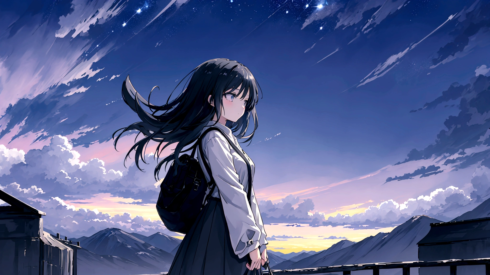 An anime-style image inspired by the lyrics. A young woman is shown walking with a determined expression, carrying a bag, and looking out at endless roads ahead in a vast, mysterious world. The background features diverse landscapes such as mountains, forests, and open skies, depicted with soft, pastel colors to create a dreamy and adventurous mood. She gazes at the stars under the night sky, with hope and courage in her heart, as her journey of endless roads and new discoveries begins. The image is in a 16:9 aspect ratio.