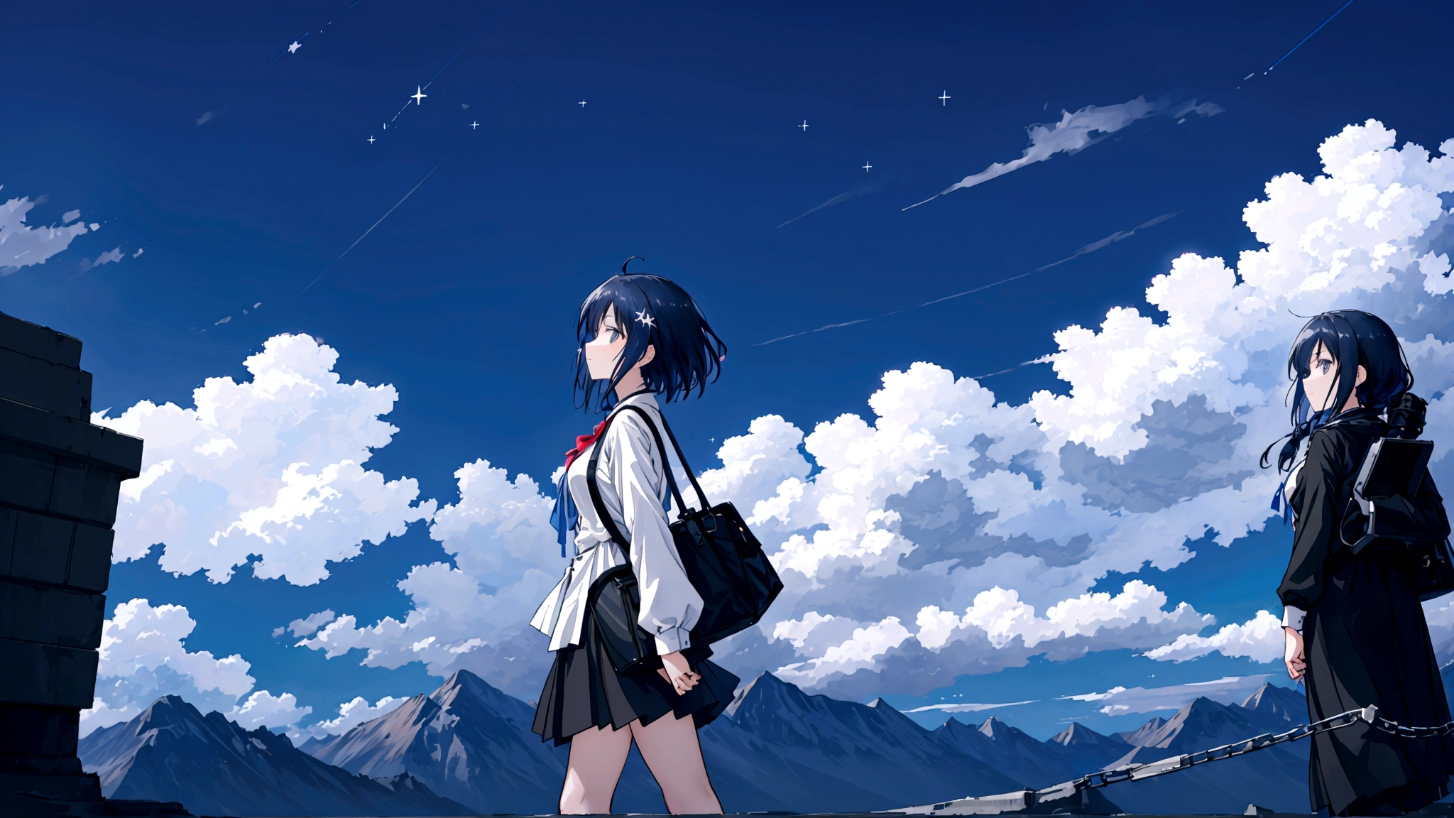 An anime-style image inspired by the lyrics. A young woman is shown walking with a determined expression, carrying a bag, and looking out at endless roads ahead in a vast, mysterious world. The background features diverse landscapes such as mountains, forests, and open skies, depicted with soft, pastel colors to create a dreamy and adventurous mood. She gazes at the stars under the night sky, with hope and courage in her heart, as her journey of endless roads and new discoveries begins. The image is in a 16:9 aspect ratio.