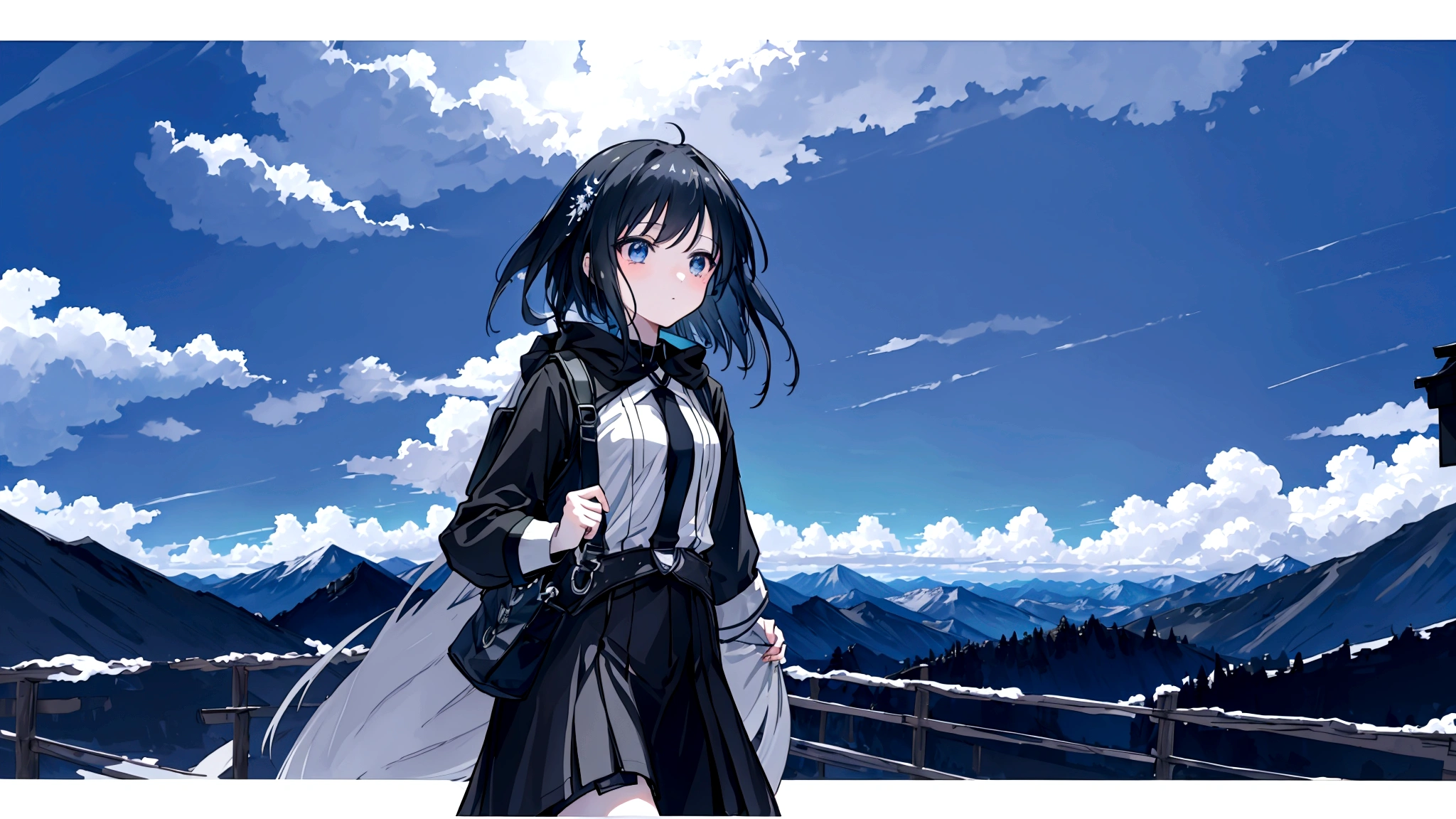 An anime-style image inspired by the lyrics. A young woman is shown walking with a determined expression, carrying a bag, and looking out at endless roads ahead in a vast, mysterious world. The background features diverse landscapes such as mountains, forests, and open skies, depicted with soft, pastel colors to create a dreamy and adventurous mood. She gazes at the stars under the night sky, with hope and courage in her heart, as her journey of endless roads and new discoveries begins. The image is in a 16:9 aspect ratio.