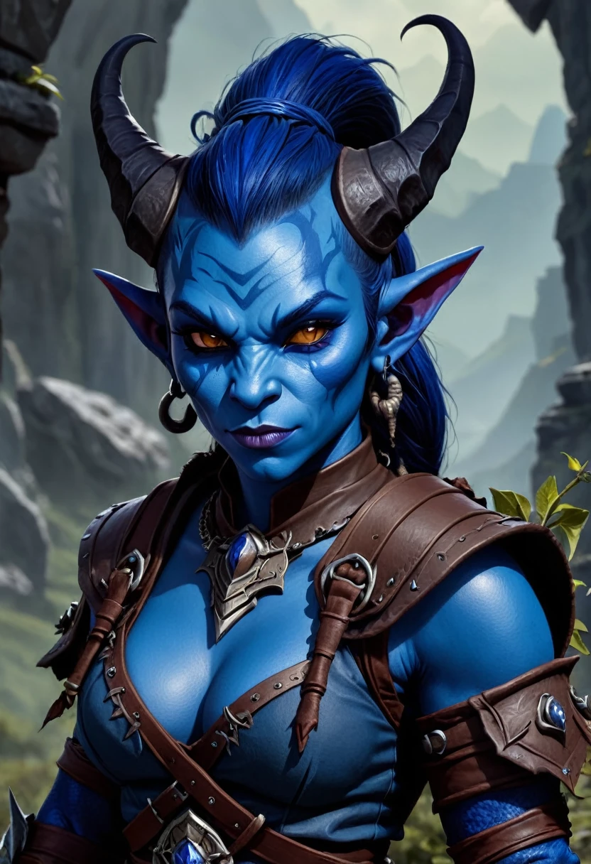 Blue skin orc tiefling adventurer