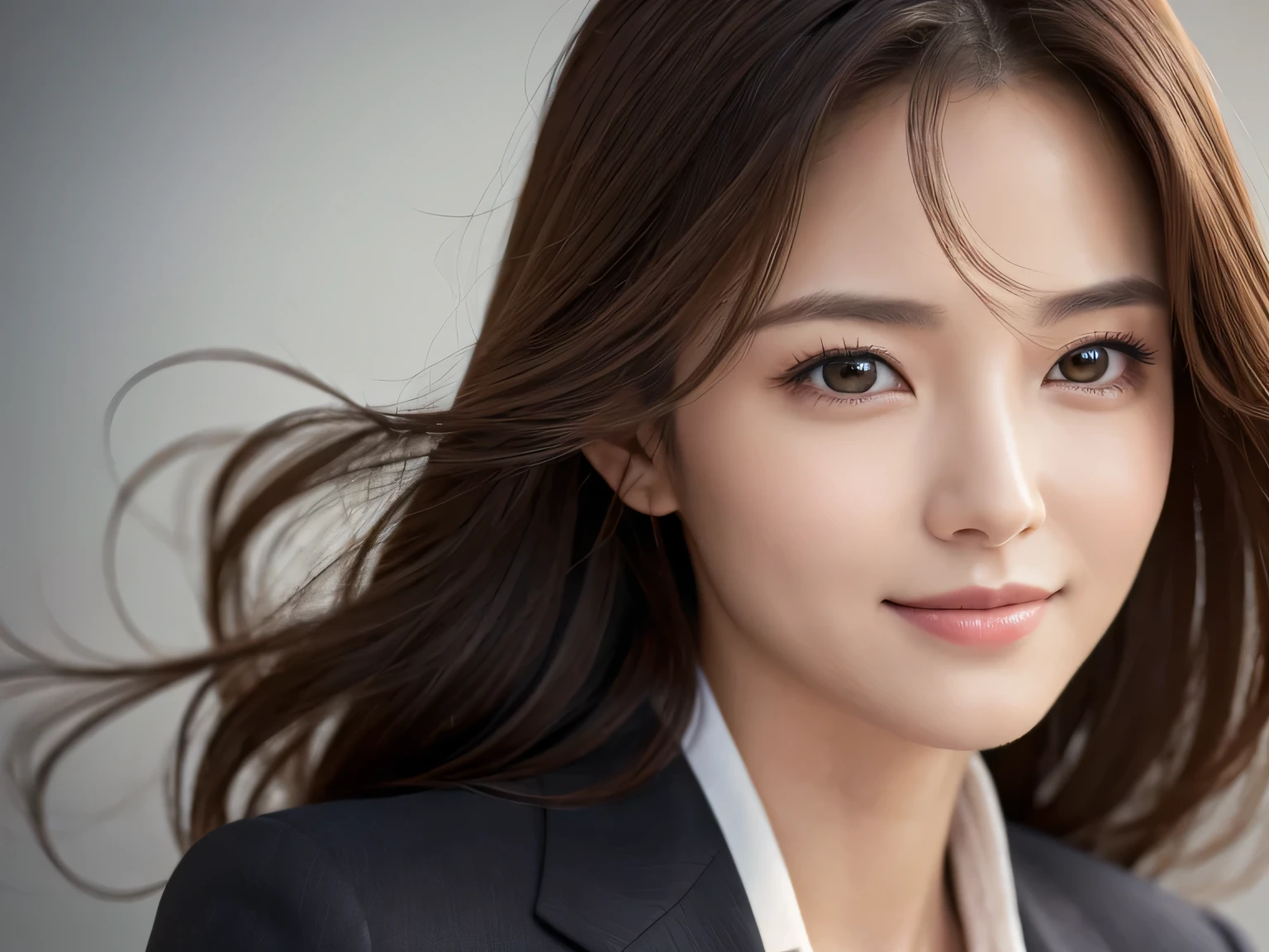 The best quality at its best, Realistically, Super detailed, More about pubic hair, High resolution, 8k wallpaper, Beautiful 35 year old woman,Light brown messy hair, Wear a dark suit, Lock Focus, Perfect dynamic composition, Beautiful Eyes, Delicate hair, Detailed realistically skin texture, smile, Close-up portrait, Model Body Type ,profile