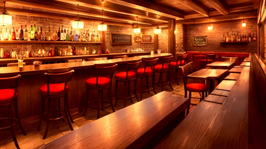 a cozy empty tavern, bartender, (wide view, side view:1.36), bar counter, tables and chairs, inviting atmosphere