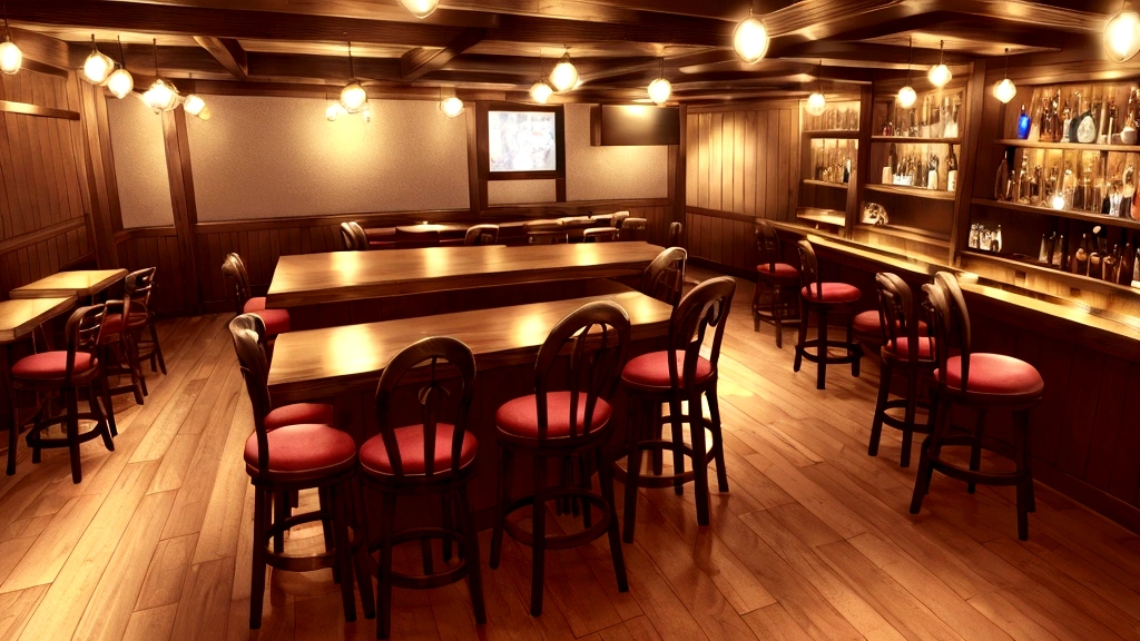 a cozy empty tavern, bartender, (wide view, side view:1.36), bar counter, tables and chairs, inviting atmosphere
