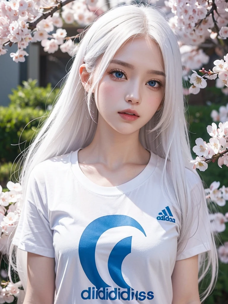 Long white hair, blue eyes, white skin, cherry blossom , adidas t-shirt 