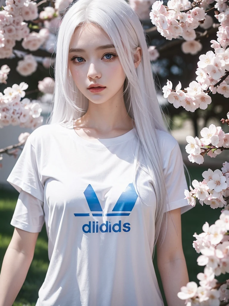 Long white hair, blue eyes, white skin, cherry blossom , adidas t-shirt