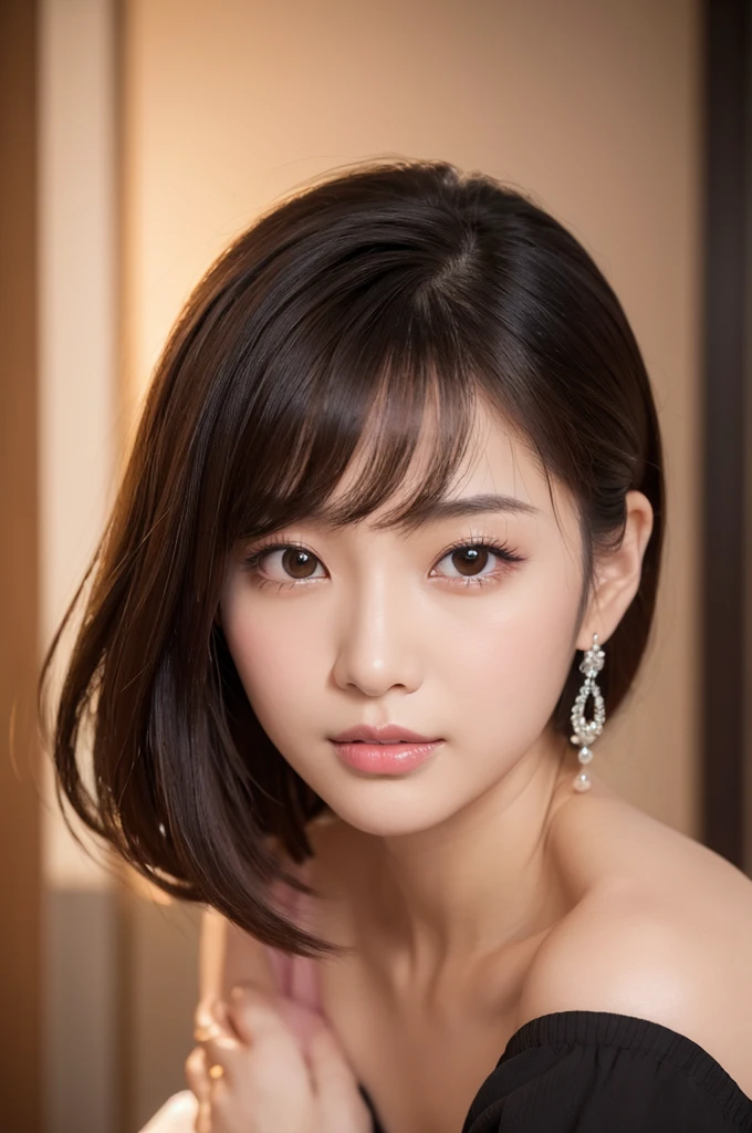 Young Japanese actress, 31 years old, oval face with soft jawline, clear smooth skin, large almond-shaped brown eyes with double eyelids, straight nose bridge, full pink lips with subtle smile, high cheekbones, long straight dark brown hair with side-swept bangs, hair parted slightly off-center, slender neck, delicate collarbones, slim figure, 160cm tall, wearing off-shoulder black top or white lace blouse, dangling silver earrings, natural makeup with light pink lip tint and subtle eye shadow, soft ambient lighting, high-key studio portrait, high-resolution photograph, gentle and warm expression, mix of youthful innocence and mature elegance, looking directly at camera, Kasumi Arimura inspired, popular in Japanese dramas and films