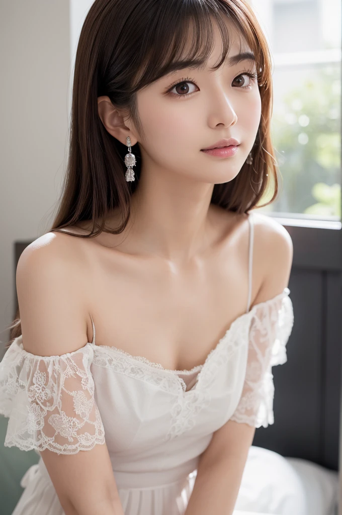 Young Japanese actress, 31 years old, oval face with soft jawline, clear smooth skin, large almond-shaped brown eyes with double eyelids, straight nose bridge, full pink lips with subtle smile, high cheekbones, long straight dark brown hair with side-swept bangs, hair parted slightly off-center, slender neck, delicate collarbones, slim figure, 160cm tall, wearing off-shoulder black top or white lace blouse, dangling silver earrings, natural makeup with light pink lip tint and subtle eye shadow, soft ambient lighting, high-key studio portrait, high-resolution photograph, gentle and warm expression, mix of youthful innocence and mature elegance, looking directly at camera, Kasumi Arimura inspired, popular in Japanese dramas and films