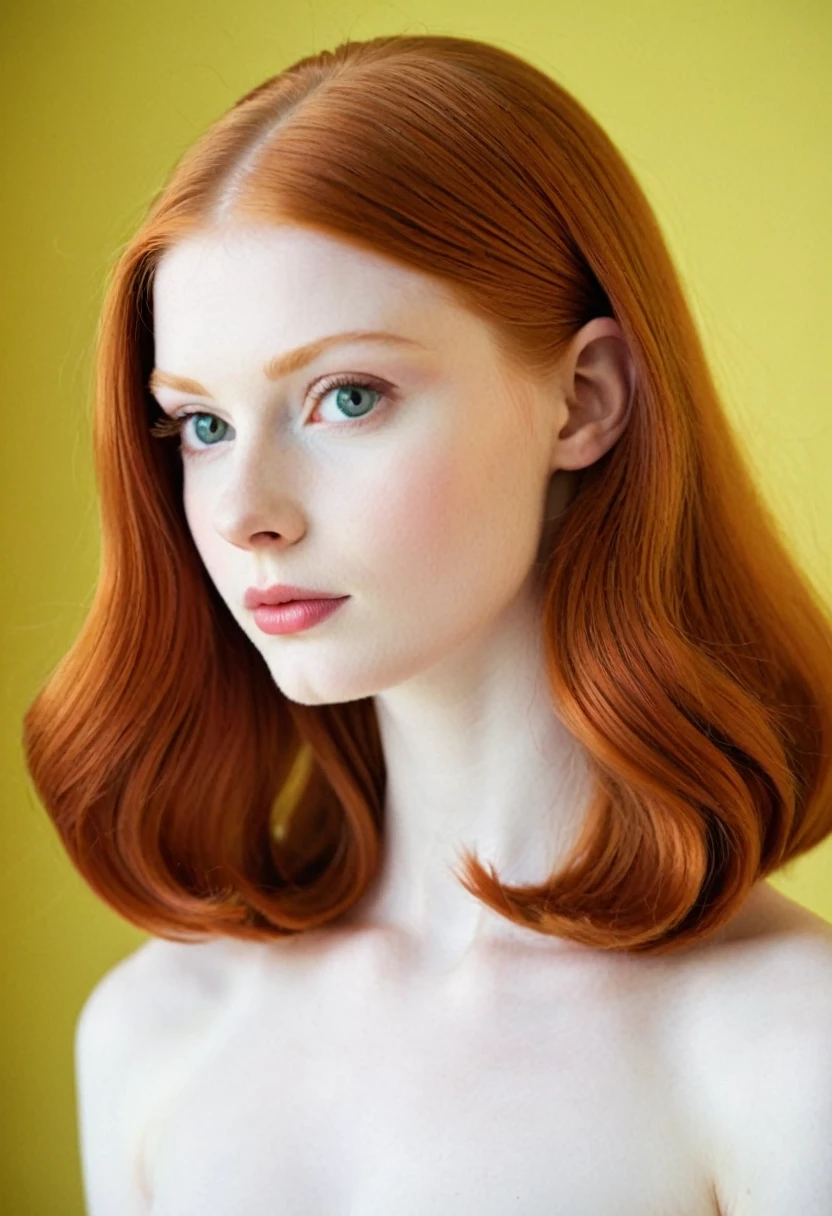 (very_pale_skin:1.5), (strong off-screen lighting causing reflections on skin), (nude 18 yo ginger girl) with (huge-tits:1.5) and a (youthful_model_face:1.4),(vivid_flowing_ginger_hair in a 1960s_hairstyle:1.5),