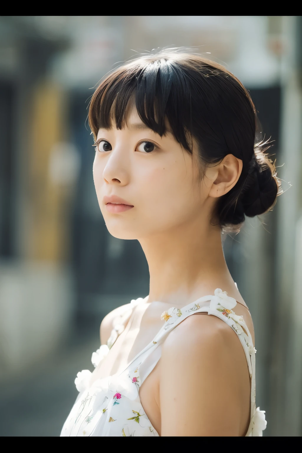 photoshoot by deborahWolf1, A skinny Japanese woman, (brown hair), (hair with elegant bun), cute face, detailed face, detailed eyes, detailed skin texture, (blush:0.2), (goosebumps:0.3), (White floral dress), underground scattering, Photorealistic, Hyperrealistic, hyperdetailed, analog style , tilted hip, demure, detailed skin, matte skin, soft lighting, subterranean scattering, realistic, heavy shadow, artwork, Best quality, ultra realistic, 8k, golden ratio, intricate, high detail, film photography, soft focus, stem, (({full|upper} body photo))