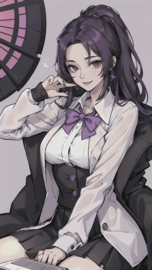 (masterpiece:1.2, best quality), (1lady, solo, upper body:1.2), black hair,purple dip-dye hair , forehead , purple eyes, Swallowtail butterfly head, An anime-style illustration of Shinobu Kocho from “Demon Slayer”. She is wearing a lab coat and a skirt, sitting in a laboratory. She is using a laptop and looking at the camera with a smile, white dress shirt, button-up shirt , buttoned all the way up, (ecstasy:1.3) ,(slut:1.2),(vulgarity:1.3),(fucked silly:1.1),(steam:1.1),(wet:0.8),(trembling:0.8),(tears:0.7) ,(drooling:0.6),(sweat:0.8).