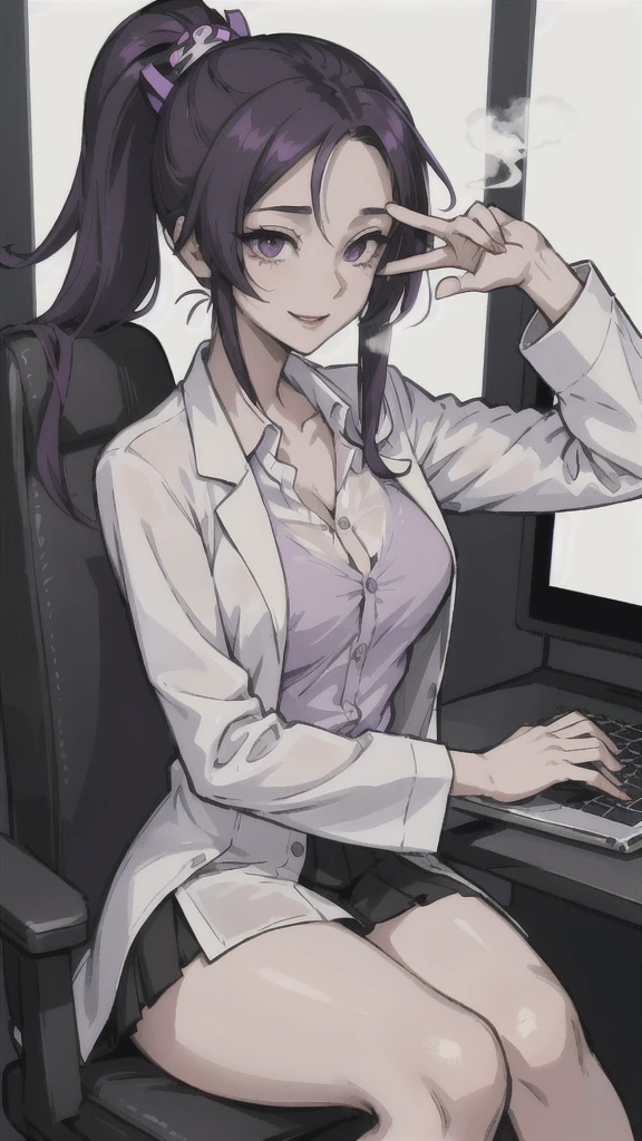 (masterpiece:1.2, best quality), (1lady, solo, upper body:1.2), black hair,purple dip-dye hair , forehead , purple eyes, Swallowtail butterfly head, An anime-style illustration of Shinobu Kocho from “Demon Slayer”. She is wearing a lab coat and a skirt, sitting in a laboratory. She is using a laptop and looking at the camera with a smile, white dress shirt, button-up shirt , buttoned all the way up, (ecstasy:1.3) ,(slut:1.2),(vulgarity:1.3),(fucked silly:1.1),(steam:1.1),(wet:0.8),(trembling:0.8),(tears:0.7) ,(drooling:0.6),(sweat:0.8).
