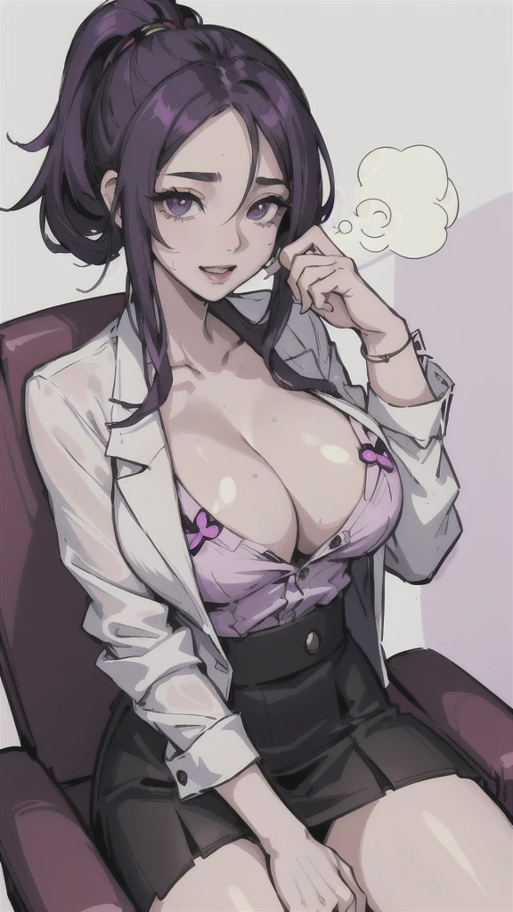 (masterpiece:1.2, best quality), (1lady, solo, upper body:1.2), black hair,purple dip-dye hair , forehead , purple eyes, Swallowtail butterfly head, An anime-style illustration of Shinobu Kocho from “Demon Slayer”. She is wearing a lab coat and a skirt, sitting in a laboratory. She is using a laptop and looking at the camera with a smile, white dress shirt, button-up shirt , buttoned all the way up, (ecstasy:1.3) ,(slut:1.2),(vulgarity:1.3),(fucked silly:1.1),(steam:1.1),(wet:0.8),(trembling:0.8),(tears:0.7) ,(drooling:0.6),(sweat:0.8).
