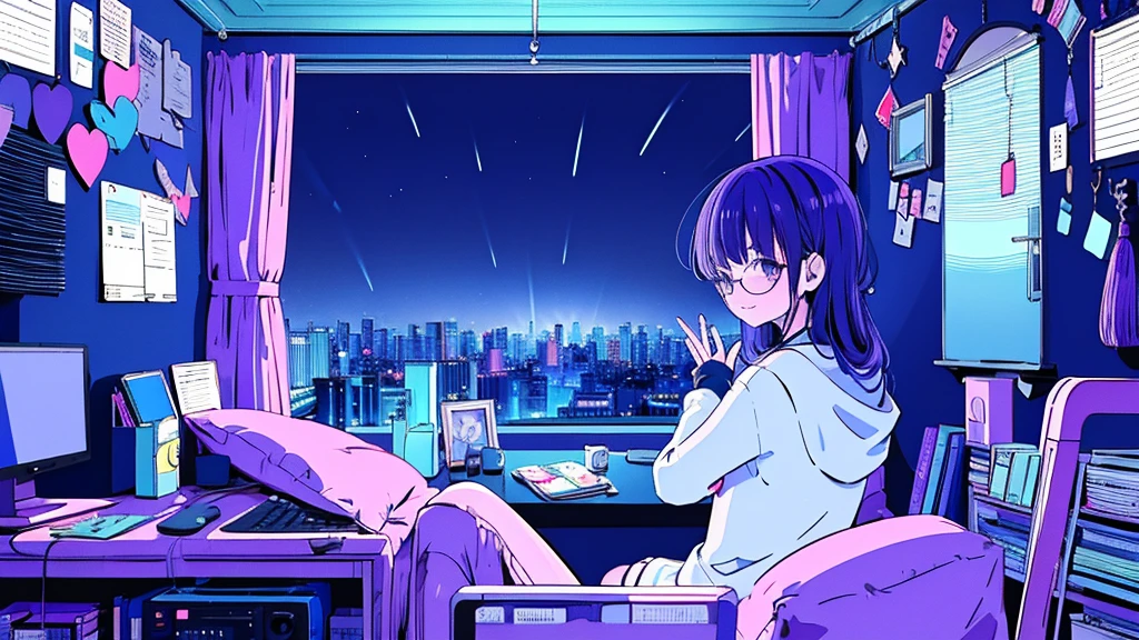 (from behind), Anime girl sitting in front of a computer in a cozy bedroom, Girl listening to music while studying in a cozy room (night), Using headphones, on the roof, (beautiful night views from windows), lots of things, 2D anime style, The aesthetics of anime in the 90s, lo-fi, long hair, very detailed, Hard disk, A mix of anime style and Fujifilm, surreal, 8K, masterpiece, violet eyes,black gloves, round glasses, long sleeves,violet hair, round glasses, Flat Chest, smile