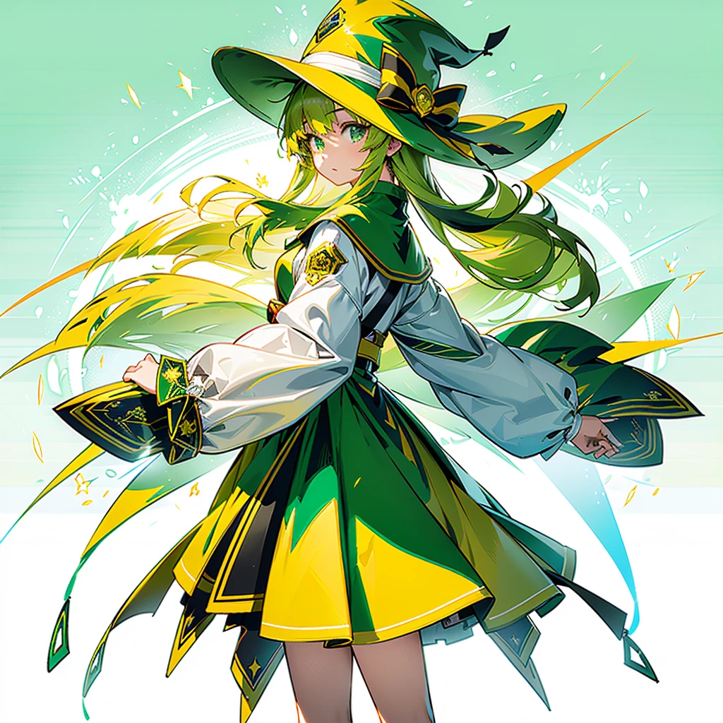 1girl、Dynamic composition、Yellow-green laser、(((Best Quality、Masterpiece、Official Art、Anime Style、The best dynamic composition、超detailed)))、Shine Muscat personification，Yellow-green hunting hat and coat，Light soft color coat and hat，Super huge、detailed、whole body、The finest details、
