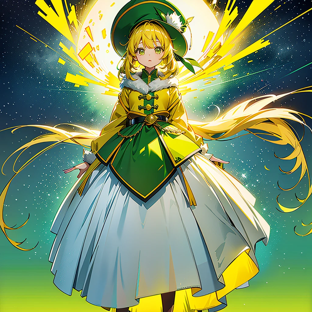 1girl、Dynamic composition、Yellow-green laser、(((Best Quality、Masterpiece、Official Art、Anime Style、The best dynamic composition、超detailed)))、Shine Muscat personification，Yellow-green hunting hat and coat，Light soft color coat and hat，Super huge、detailed、whole body、The finest details、