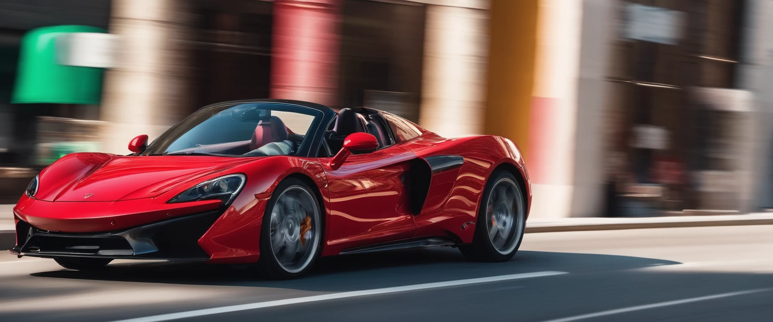 A high-speed panning shot captures the red sports car as it zooms past, blurring the background to emphasize the motion. The bright midday sun highlights the car's curves and details, creating a vibrant and energetic scene on a clear, sunny day.