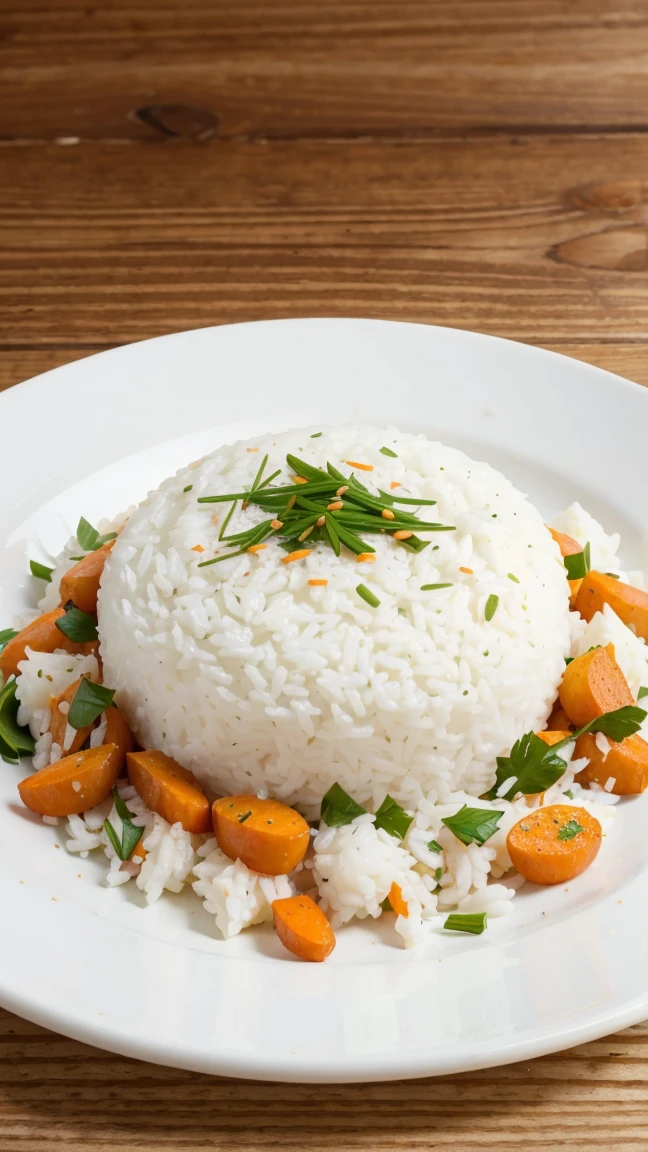 White rice with potato and carrot salad with mayonnaise sprinkled with chives on a beautiful white plate on a wooden table