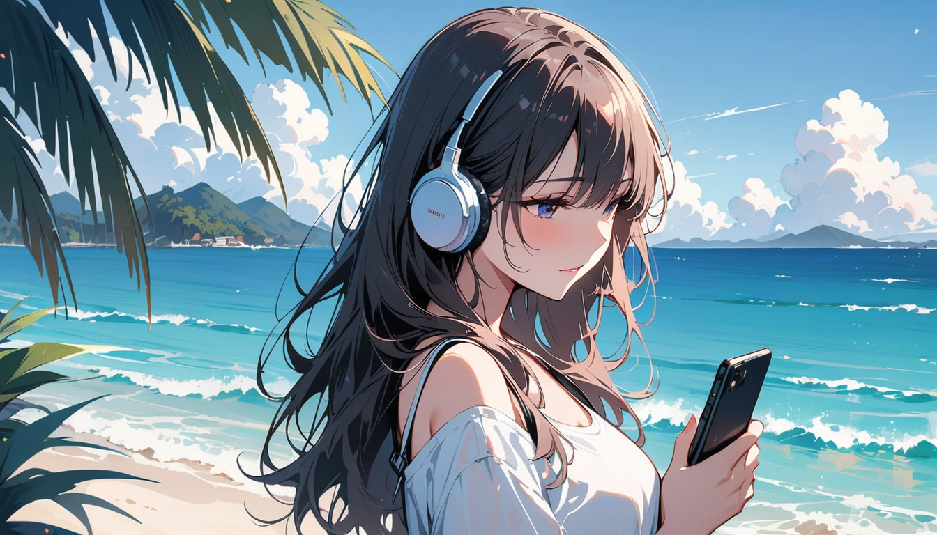 (masterpiece, Highest quality:1.2), 1 Girl, alone,Eyes open,Listening to music,Tropical atmosphere,Ocean