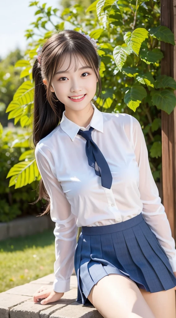 (Highest quality、Ultra-high resolution、８ｋ、masterpiece:1.3)、Beautiful woman with perfect figure:1.4、Black Hair、(ponytail)、((((School Uniform))))、Big eyes、Flashy uniforms、（high school girl）、(Checked Skirt)、Ultra mini skirt、（(((Angle from below)))、A beautiful woman、Schoolカバン、Highly detailed face and skin、Detailed eyes、Shiny thighs、double eyelid、Thin legs、The best smile、(((１people)))、Beautiful views、School、（Schoolyard）、beautiful place、The best smile、Extraordinary beauty、Age: 16、Perfect Proportions、whole body、((blue sky))、Baby Face、Touch your hair with your hands、The wind is blowing、Physical education sitting、wave hands、I can see your underwear、White underwear、Camel legs、