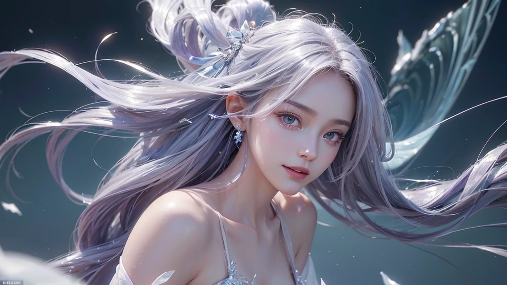 Standing in the woods、Hair flow、 ((最high quality、masterpiece、8K、Best image quality、超High resolution、Award-winning works)、(Accurate anatomy:1.1)、(Look at me and smile:1.1)、Shining fair skin with 超High resolution、The most detailed face、超High resolution detailed face、超High resolutionの髪の毛、(超High resolution eye:1.1)、Beautiful, detailed face and lavender hair,Wavy Hair, Gradient Hair, Bare shoulders, ,Detailed Background, Delicate face, (Crystallized Aluminum, Crystal Theme:1.1), Elemental Sylph, Rotating wind, Controlling the wind, White crystal clothes, Dynamic pose, Suspended particles, Mysterious Mechanism, whirlwind, vapor, whirlwind in the background, White Tone, whirlwind, Ethereal atmosphere,gem,One girl,goddess，Delicate and beautiful face,Flowing，Full Breast，Perfect balance, Detailed clothing details,Cinema Lighting, Film Grain, Fujicolor, Light and dark contrast, 8K, masterpiece, Textured skin, Super detailed, High detail, high quality, High resolution,(最high quality, masterpiece, colorful, Dynamic Angle, Highest Details)