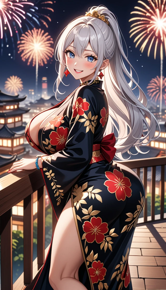 ((One personの女性)), Beautiful Face, (Laughing embarrassedly), (seductive smile:1.4), ((Wink:1.6)), (head tilt:1.3), Laugh with your mouth wide open, upper teeth, looking at viewer, ((full-face blush:1.6)),Glossy Red Lips,Night view, High terrace, firework, Glossy red lips, Shining Face, ((Anime style background)),masterpiece, Highest quality, so beautiful,up to date, Complex details, (Pink long nails),(ring),(bracelet),(Floral choker),AI-generated, Complex,High resolution, Highest quality, super high quality,3D Images、3D Images,One person,Long white hair,High Ponytail, Anime woman posing for a photo,((silver eyes:1.5)), ((Fine grain、blue eyes、Shining Eyes:1.3)), (Squint your eyes:1.1),a hyperRealistic , hyperRealistic , Realistic,Anime woman with long white hair, Smooth anime CG art, A woman in a colorful kimono with gold embroidery, ((Black long sleeve kimono)),Red floral pattern,Long flower hair ornament,Earrings, Black High Heel Sandals, Mature Body,((huge breasts:1.3)), Tall,Abdominal muscles, Tight waist, (Leaning forward), ((full body:1.3)), Stick your butt out, ((looking back)),