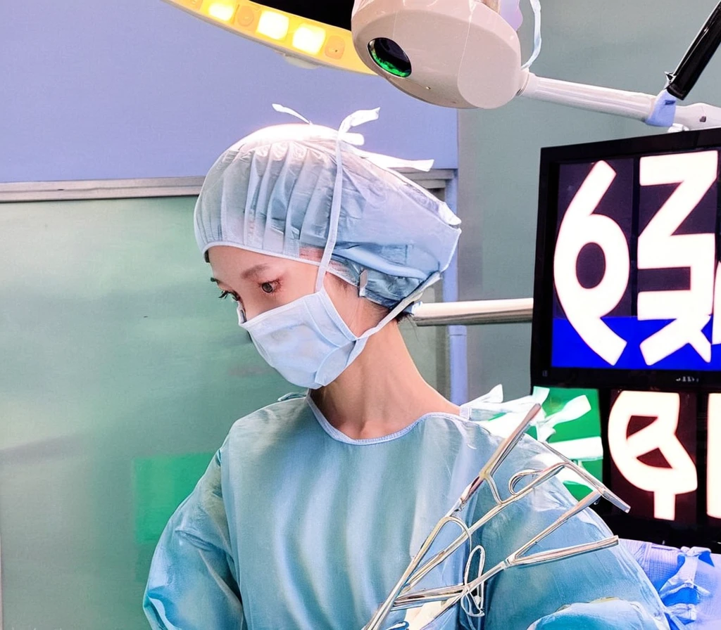score_9, score_8_up, score_7_up, masterpiece, highest quality, can see the whole body, pale skin, shy eyes, cover the ears, big breasts, surgical mask, surgical cap, long sleeve surgical gown,
1 girl, solo, rubber gloves, frown, standing, in one hospital, hospital bed,