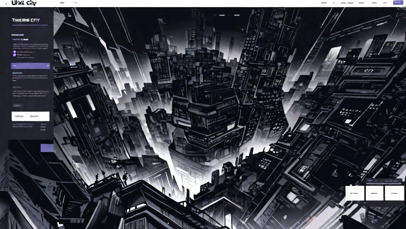 dark blue and other contrast color hero page ui ux theme website, contrast colors (mostly dark blue) theme, robotic city black and white silhouette