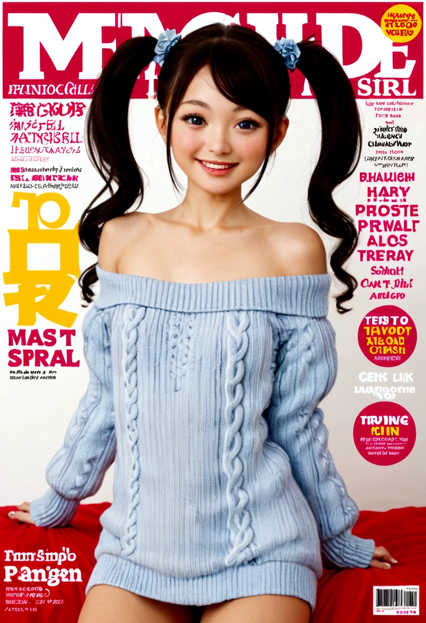 Magazine cover,Twin Tails,Beautiful little girl(Wear an off-shoulder sweater),,(Smooth skin),E7E48U，excited，Small ???????