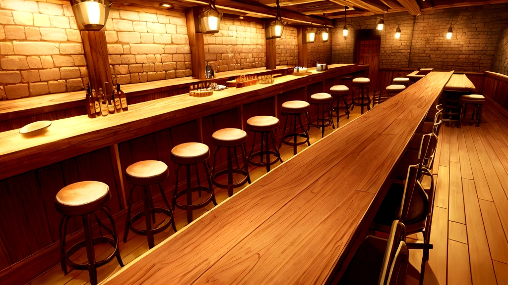 (medieval:1.2), a cozy empty tavern, bartender, (wide view, side view:1.36), bar counter, tables and chairs, inviting atmosphere