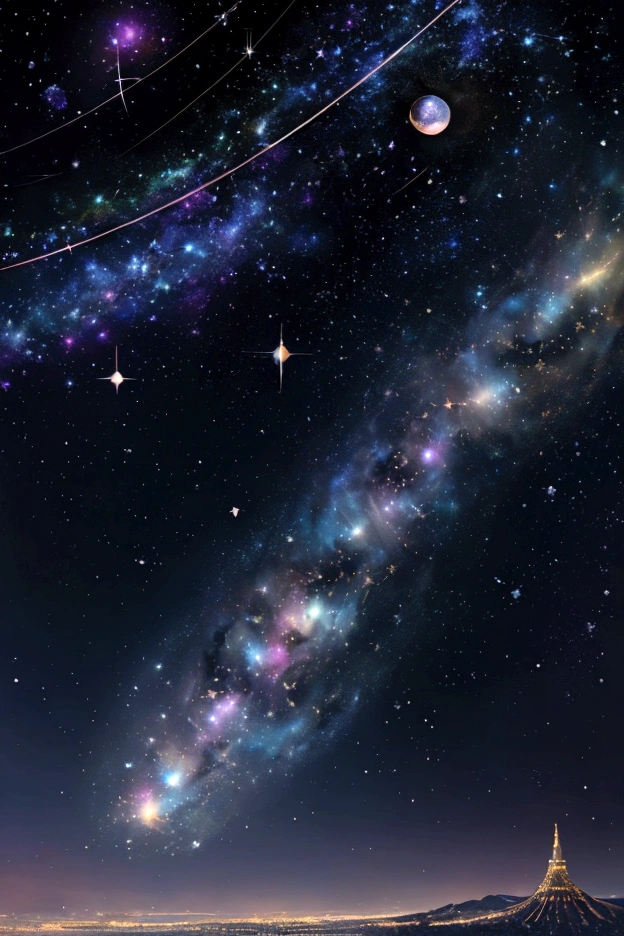 The world we see、Iridescent幻想的なNight Sky、constellation, Iridescentconstellation、Iridescent空包み込まれそうな瞬間,Astronomical observation、Planetarium、Meteors、colorful,美しいconstellation、Three-dimensional,wonderful景色,Night Sky,An atmosphere full of dreams and hope,masterpiece.16K, Ultra-high resolution, to be born,wonderful ,future、Iridescent、The world 30 years from now。