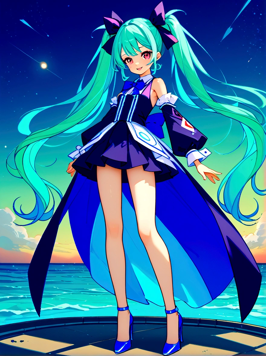 (A young woman with cyan hair in double ponytails:1.5)，Wearing a futuristic outfit，Consists of an electronic-themed dress，(She was wearing  high heels made of electronic elements.:1.3)，Her headband consists of a square-shaped emblem.，Hanging ribbons，The color palette includes cyan，black and white，The overall tone is colorful and vibrant，(Full body shot:1.5)，(Vision:1.5)