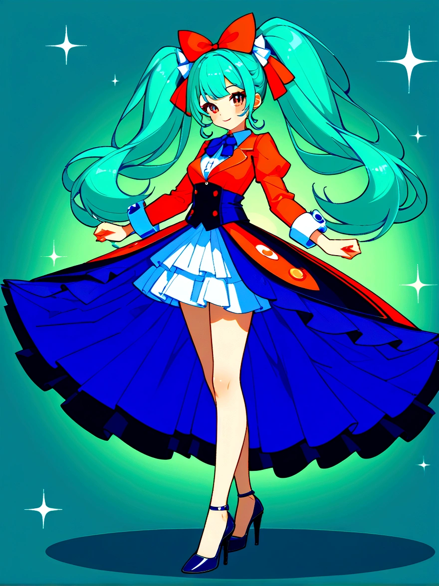 (A young woman with cyan hair in double ponytails:1.5)，Wearing a futuristic outfit，Consists of an electronic-themed dress，(She was wearing  high heels made of electronic elements.:1.3)，Her headband consists of a square-shaped emblem.，Hanging ribbons，The color palette includes cyan，black and white，The overall tone is colorful and vibrant，(Full body shot:1.5)，(Vision:1.5)