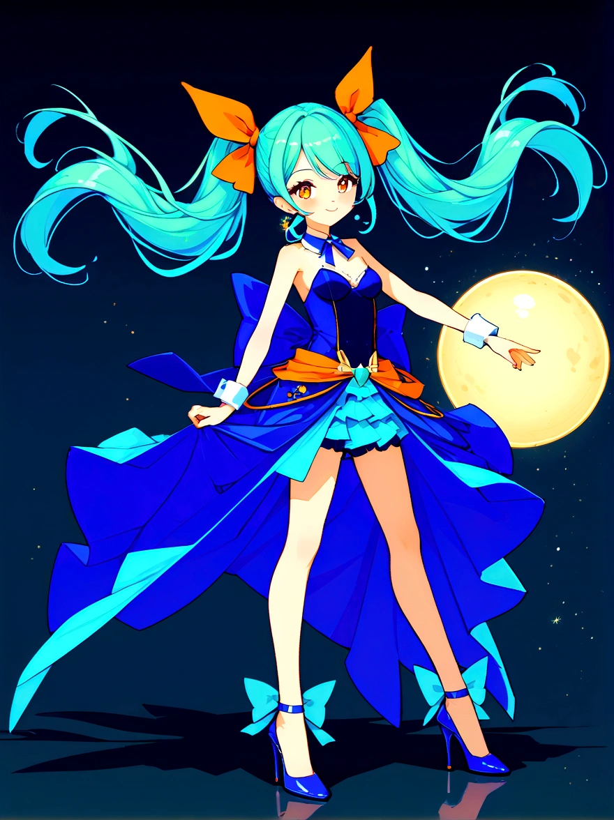 (A young woman with cyan hair in double ponytails:1.5)，Wearing a futuristic outfit，Consists of an electronic-themed dress，(She was wearing  high heels made of electronic elements.:1.3)，Her headband consists of a square-shaped emblem.，Hanging ribbons，The color palette includes cyan，black and white，The overall tone is colorful and vibrant，(Full body shot:1.5)，(Vision:1.5)