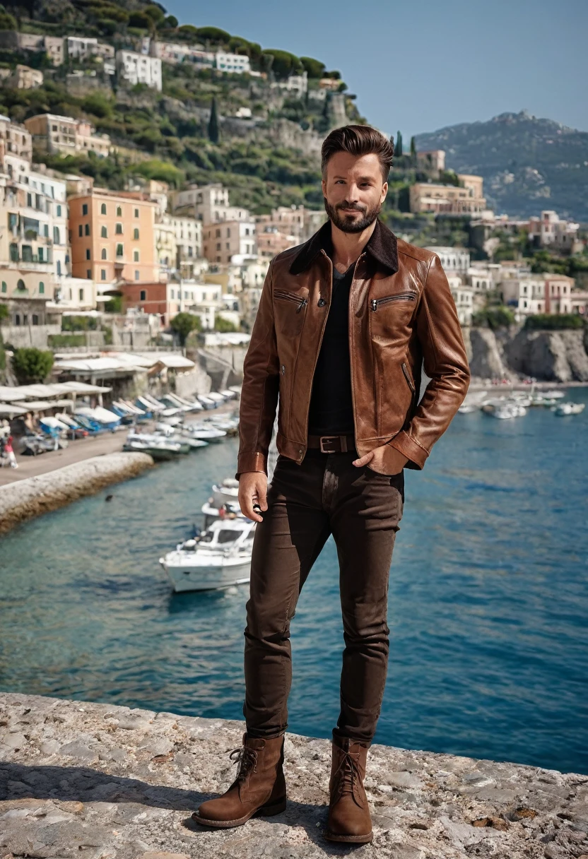 A 35 years old man, with a black pants,white social shirt, italian background, hands on the pocket, a brown leather jacket with a collar and buttons, leather clothing, brown jacket, leather clothes, very aesthetic leather jacket, leather clothing and boots, brown leather jacket, dusty rown bomber leather jacket, short brown leather jacket, brown jacket with long sleeves, leather and suede, leather jackets, brown clothes, leather jerkin, western clothing, brown shirt, clothing photography ,amazing italian background, 4k, realistic ,boats are docked in the water near a town on a hill, italian mediterranean city, mediterranean island scenery, italy, southern european scenery, gulf of naples, beautiful italian beach scene, mediterranean city, capri coast, fantasy italy, naples, mediterranean, beautiful place, mediterranean vista, beauitful, incredibly beautiful, unknown, beautiful high resolution, happy italian beach scene, imposing