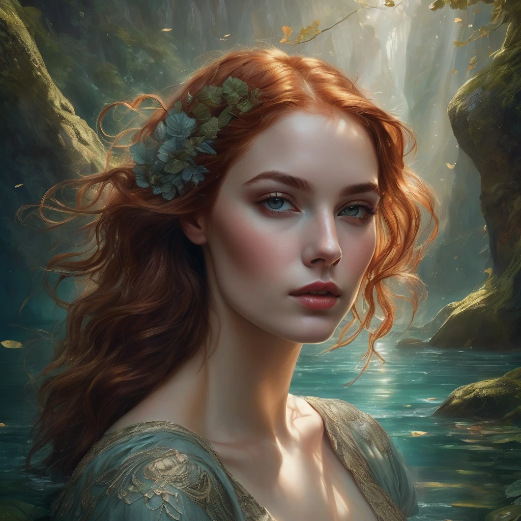 Cool thinking girl boss, with ginger hair, with wavy hair, pale skin, toned legs, (hazel-greenish eyes), long eyelashes, (naturally soft skin, defined high cheek bones), digital painting, digital illustration, extreme detail, digital art, 4k, ultra hd, (Anna Dittmann, Alyssa s, Gustave Dore, Jean Baptiste Monghyperrealism, trending on artstation, vintage photography, tumblr aesthetic, DnD fantasy, hd photography, hyperrealism