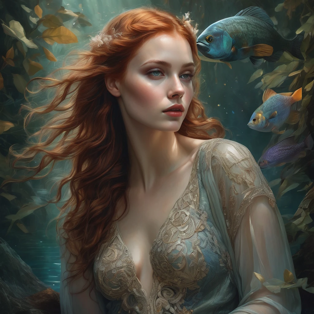 Cool thinking girl boss, with ginger hair, with wavy hair, pale skin, toned legs, (hazel-greenish eyes), long eyelashes, (naturally soft skin, defined high cheek bones), digital painting, digital illustration, extreme detail, digital art, 4k, ultra hd, (Anna Dittmann, Alyssa Monks, Gustave Dore, Jean Baptiste Monge), hyperrealism, trending on artstation, vintage photography, tumblr aesthetic, DnD fantasy, hd photography, hyperrealism