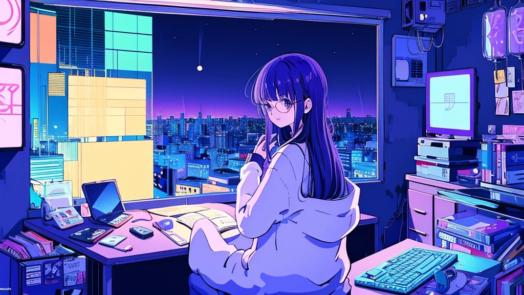 (from behind), Anime girl sitting in front of a computer in a cozy bedroom, Girl listening to music while studying in a cozy room (night), Using headphones, on the roof, (beautiful night views from windows), lots of things, 2D anime style, The aesthetics of anime in the 90s, lo-fi,  long hair, very detailed, Hard disk, A mix of anime style and Fujifilm, surreal, 8K, masterpiece, violet eyes,black gloves, round glasses, long sleeves,violet hair, round glasses, Flat Chest, smile