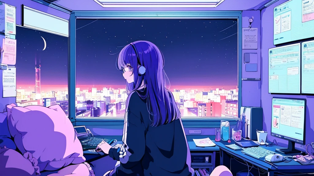 (from behind), Anime girl sitting in front of a computer in a cozy bedroom, Girl listening to music while studying in a cozy room (night), Using headphones, on the roof, (beautiful night views from windows), lots of things, 2D anime style, The aesthetics of anime in the 90s, lo-fi,  long hair, very detailed, Hard disk, A mix of anime style and Fujifilm, surreal, 8K, masterpiece, violet eyes,black gloves, round glasses, long sleeves,violet hair, round glasses, Flat Chest, smile