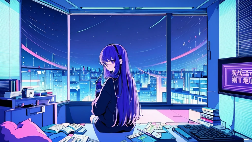 (from behind), Anime girl sitting in front of a computer in a cozy bedroom, Girl listening to music while studying in a cozy room (night), Using headphones, on the roof, (beautiful night views from windows), lots of things, 2D anime style, The aesthetics of anime in the 90s, lo-fi, long hair, very detailed, Hard disk, A mix of anime style and Fujifilm, surreal, 8K, masterpiece, violet eyes,black gloves, round glasses, long sleeves,violet hair, round glasses, Flat Chest, smile