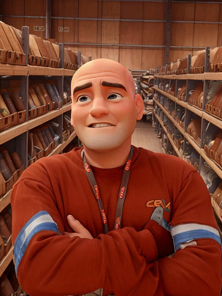 Disney pixar style man, baldie, no fur, red shirt, inside a warehouse, high qualiy, best qualityer.