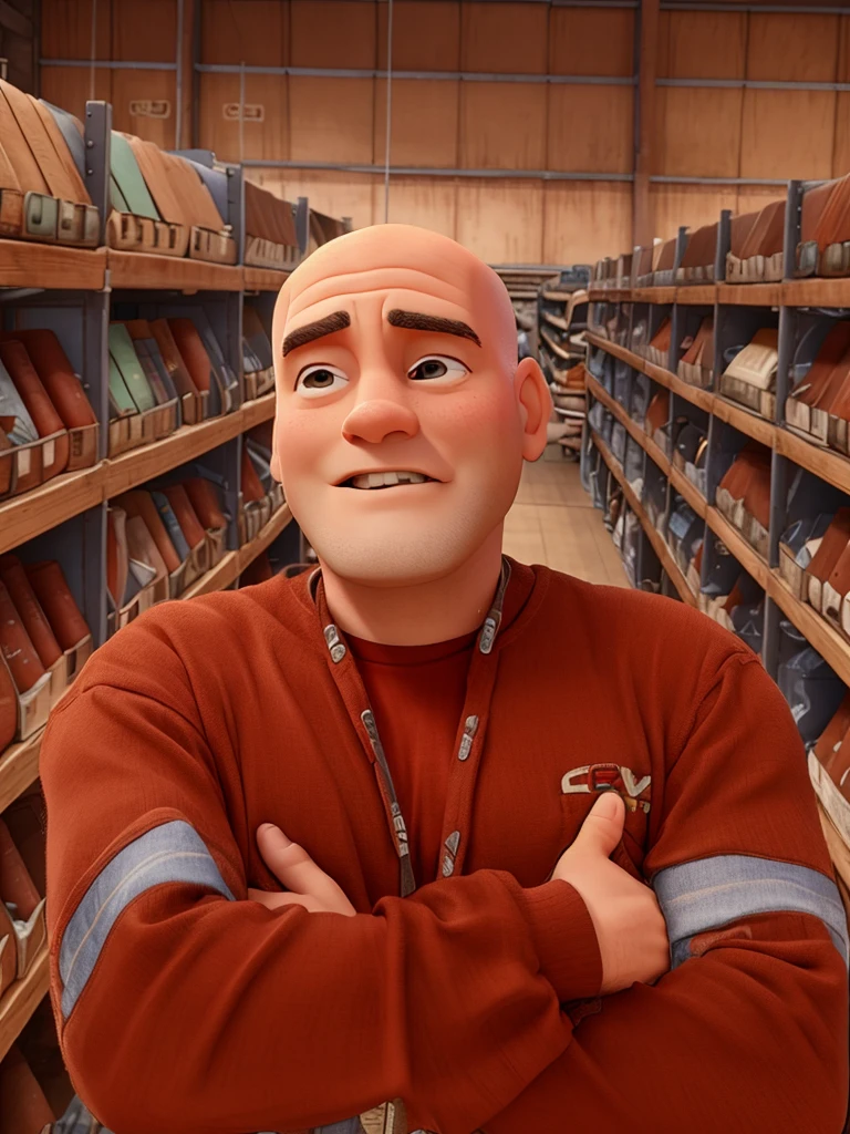 Disney pixar style man, baldie, no fur, red shirt, inside a warehouse, high qualiy, best qualityer.