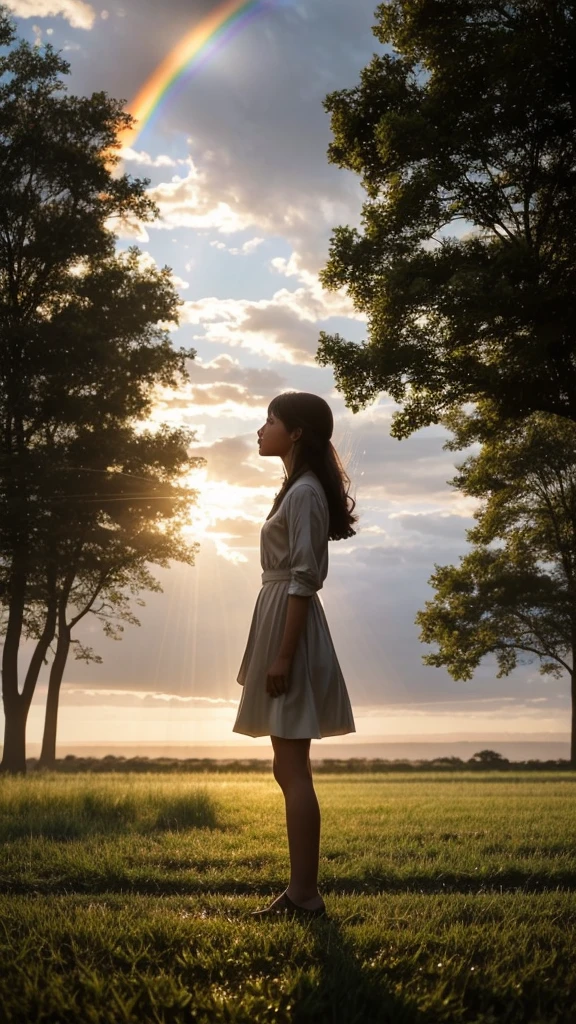 In a serene countryside setting, delicate raindrops fall from a vast, overcast sky, each drop glistening as it descends. A young girl stands alone in a field, her silhouette framed by the gently swaying grass. Her hair, slightly damp from the rain, clings softly to her face. She looks up in awe as the heavy clouds begin to part, allowing beams of sunlight to break through.
In an instant, a magnificent rainbow appears, stretching across the horizon. The colors are vibrant and pure, a stunning contrast against the lingering gray clouds. The rainbow arches gracefully, its hues reflecting in the girl’s wide, astonished eyes. The scene is painted with exquisite detail: the texture of the raindrops, the subtle variations in the sky’s color, and the delicate play of light and shadow on the girl’s face. The entire tableau captures a fleeting, magical moment, filled with a sense of wonder and beauty.
This prompt aims to evoke the intricate, emotional, and visually stunning qualities typical of a Makoto Shinkai film.
