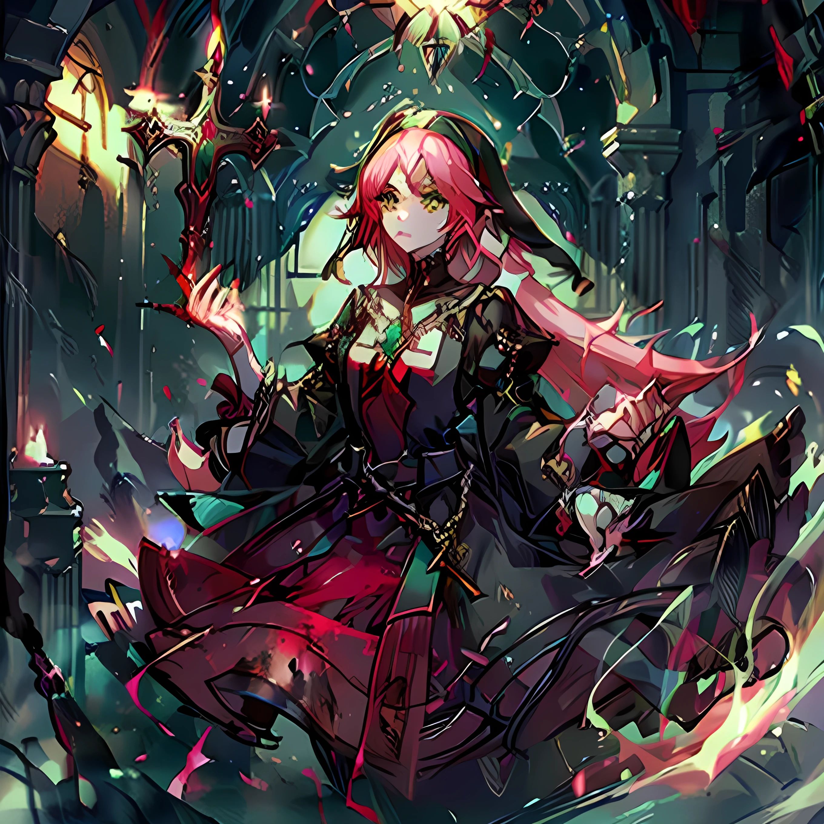 (a stoic women with wavy long pale pink hair,) (emerald green eyes+ glowing in the dark) (wearing a nun uniform+emerald pendant) (holding a cross+ blood stained) (dark and eerie atmosphere) (A dark empty church+candles everywhere that emits dust particles)